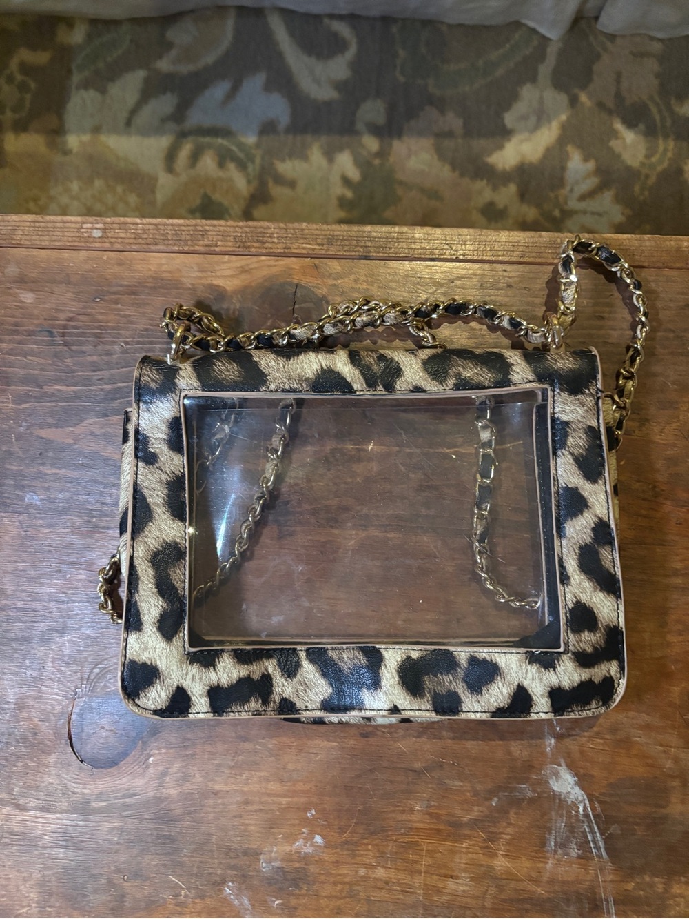 Leopard Print Clear-Window Crossbody Bag - Gold Chain